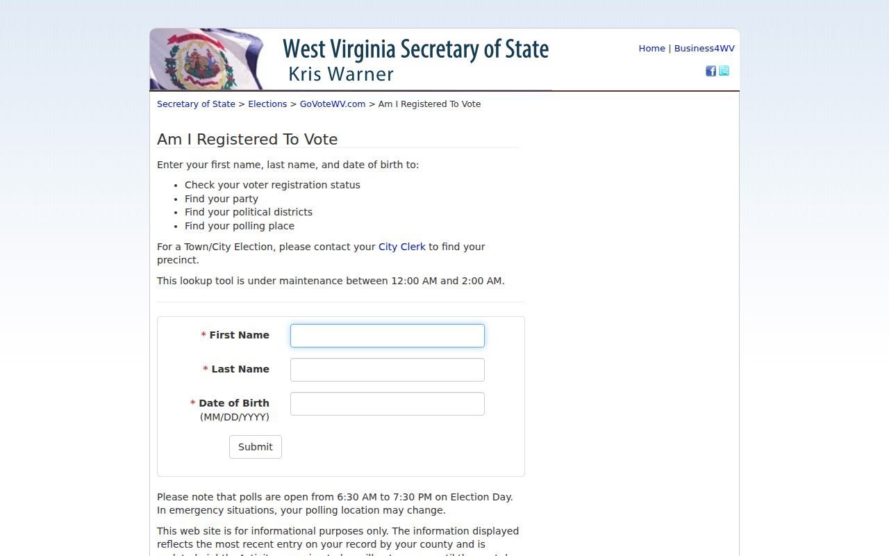 Martinsburg resident lookup fields on the West Virginia voter portal